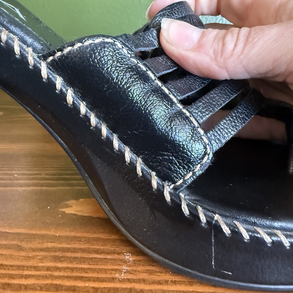 Vintage 90s Y2K MIA Blk Leather Stitched Kitten Heel Thong Sandals Brazil Sz 8.5 - Picture 12 of 15